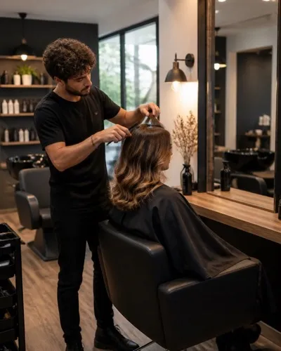 Un coiffeur qui peigne les cheveux d'une cliente dans un salon, face au miroir.