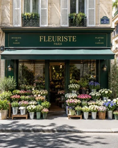 La devanture d'un fleuriste, façade verte et seaux de fleurs sur le trottoir.